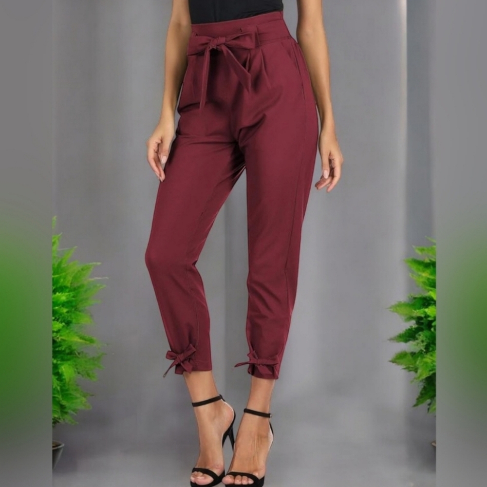 Grace Karin Belted High Waist Ankle Ties Comfy Wine Coloured Pants
